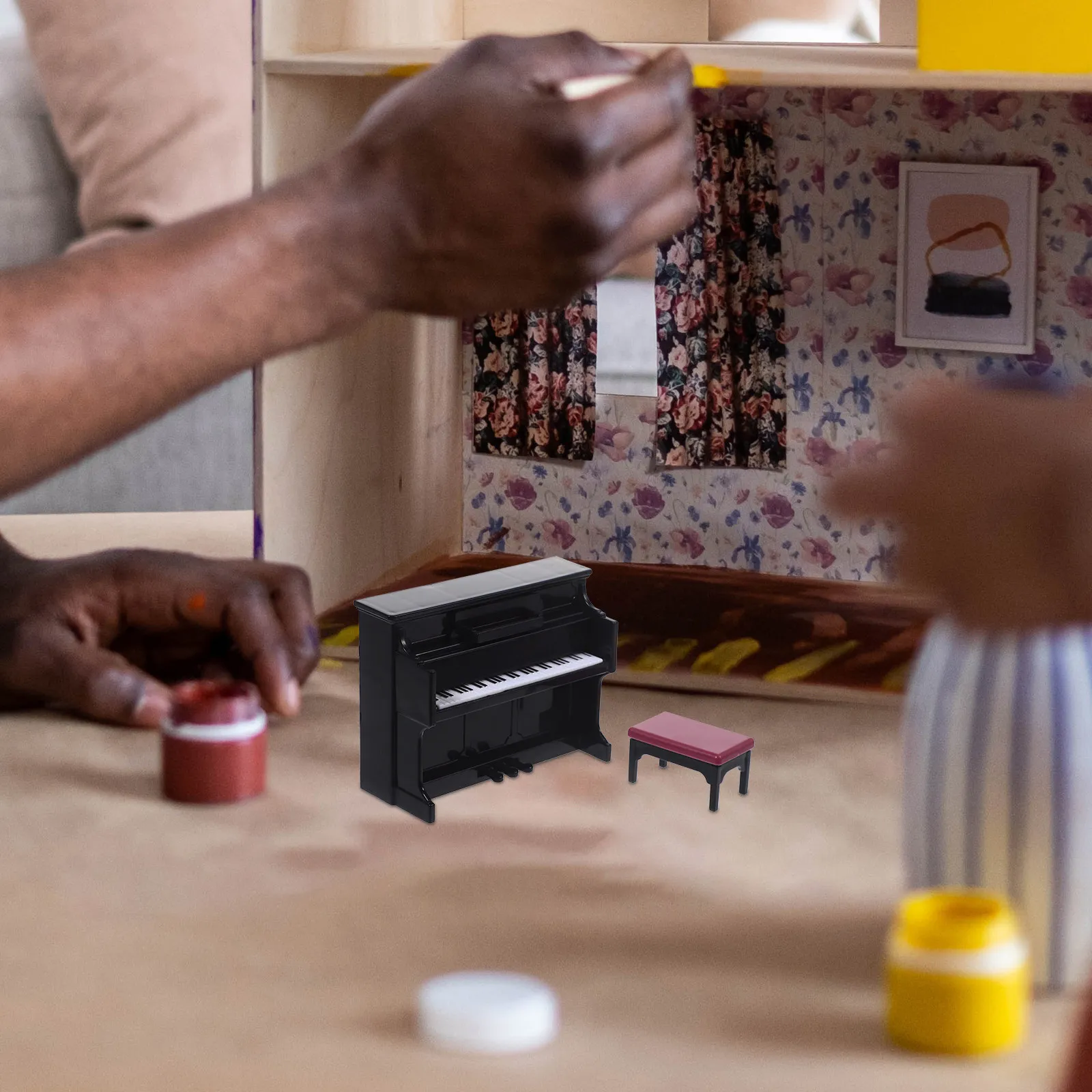 

1Set Mini Piano and Stool Set for Micro Landscape DIY Delicate Traditional Design Compact Lightweight Miniature House Decor Mini