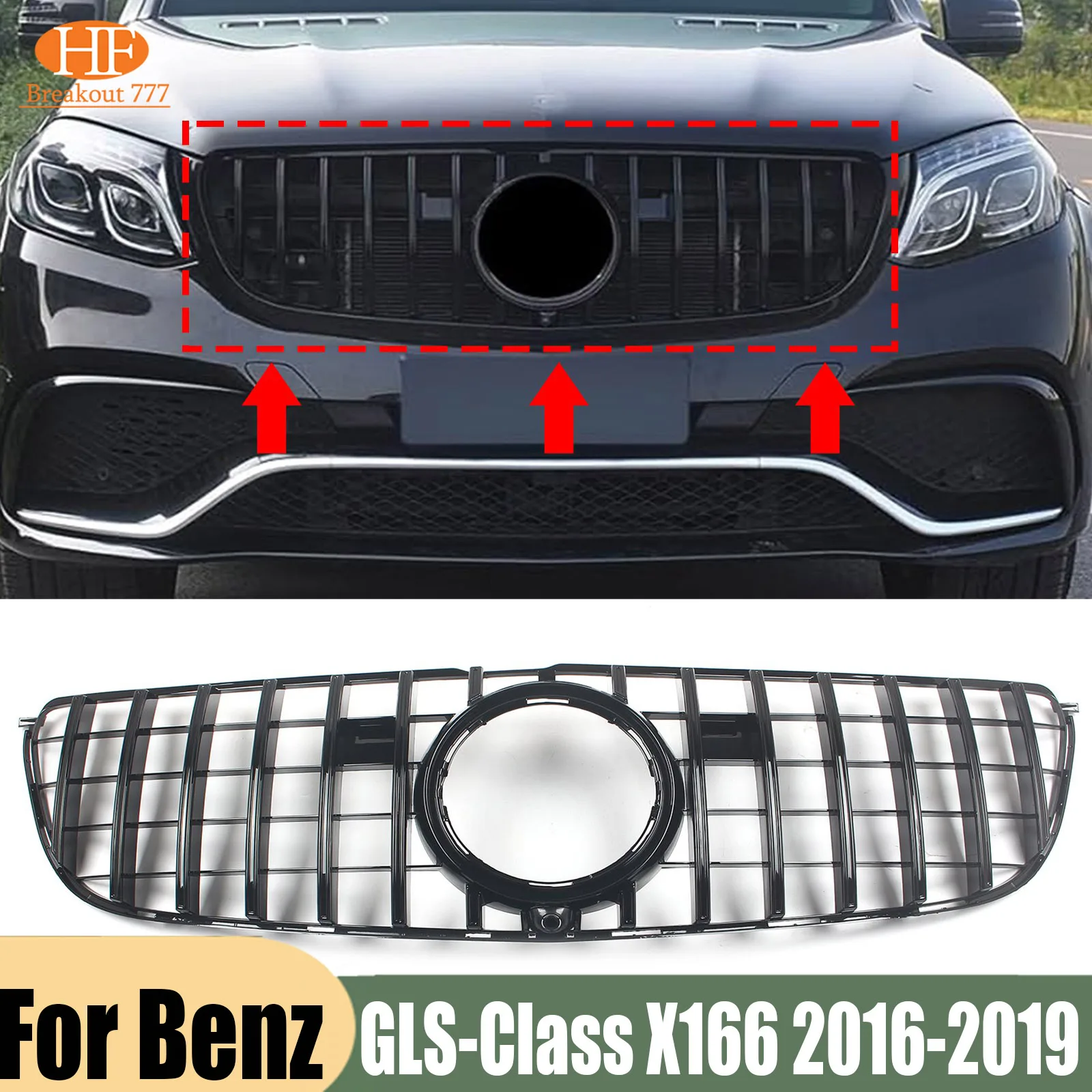 Front Bumper Grille Hood Grill GT Style For Mercedes Benz GLS-Class X166 2016-2019