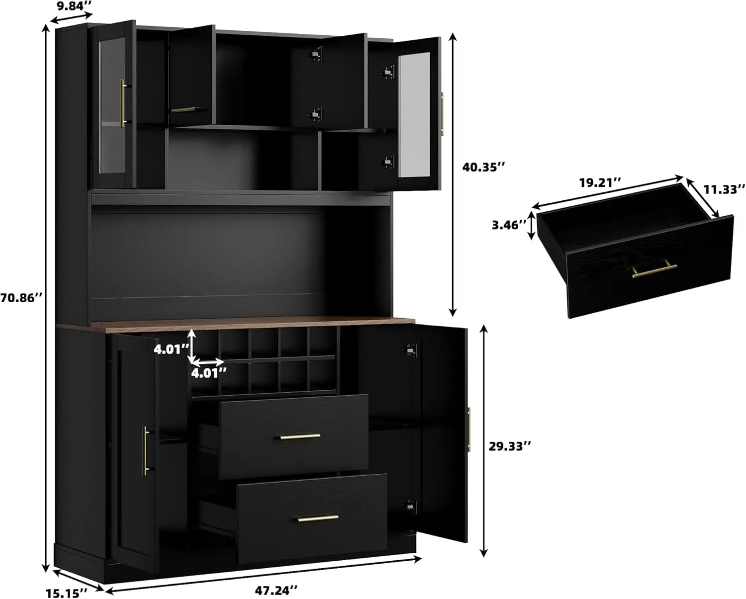 71인치 주방 팬트리 캐비닛, 전자레인지 스탠드 포함, 5개의 캐비닛, 2개의 서랍, 10개의 와인 랙, 모던 블랙 허치
