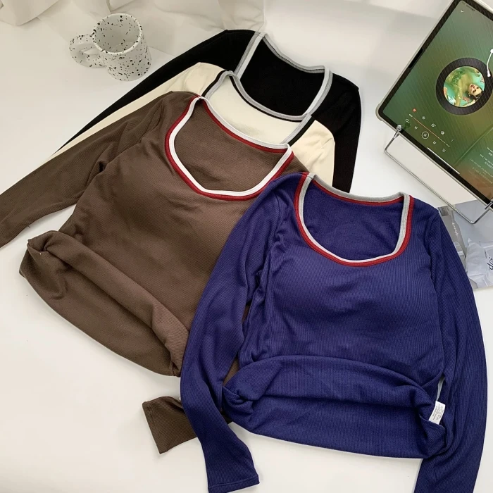 

Autumn new contrast color U-neck long sleeved knitted t-shirt for women