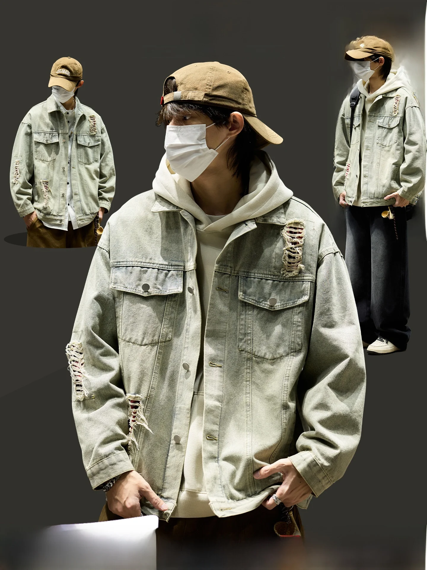 

Retro Waed Men's Denim Jaet Tear Workwear Jaet Spring Autumn Trendy Brand Haome Men's Clothing Casual Upper Apparel