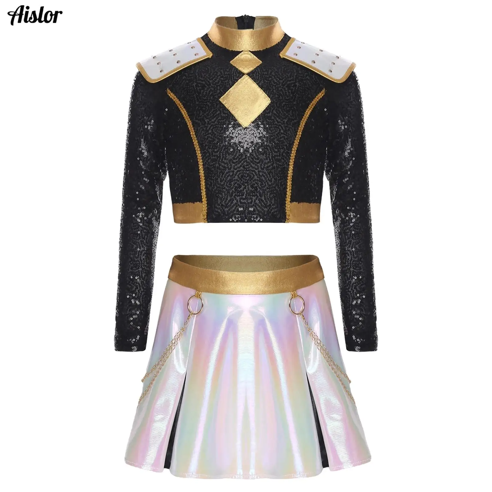 

Girls Halloween Demon Cosplay Outfit Anime Character Iridescent Gloss Contrast Color Long Sleeve Chest Tassels Crop Top+Skirt