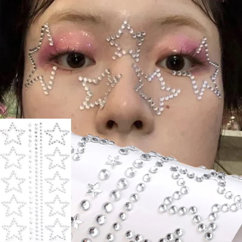 3D Star Heart Rhinestones Face Tattoo Stickers Glitter Jewelry for Women Music Festival Face Eyes Sexy Makeup Tattoos Stickers