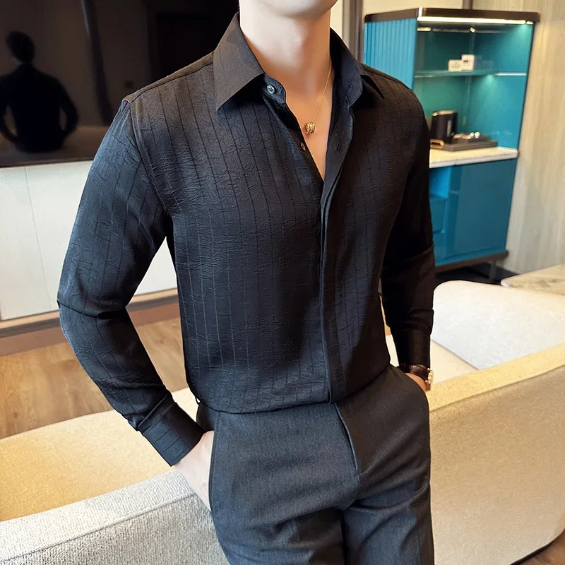 Luxury Korean Pleated Stripe Shirts For Men\'s High Quality Long Sleeve Slim Fit Casual Shirt Formal Social Party Tuxedo 4XL-M