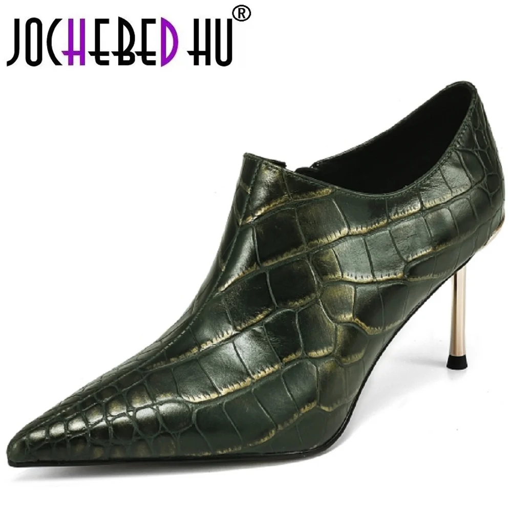 

【JOCHEBED HU】Luxury Genuine Leather Women Shallow Pumps Pointed Toe Crocodile Pattern Office Lady Working Stilettos Iron Thin