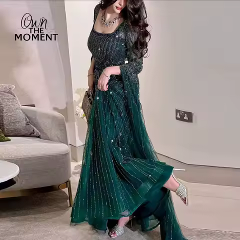 A-Line Beading Prom Dress Square Collar Long Sleeves Evening Dress Wedding Party Dresses vestidos noche فساتين سه