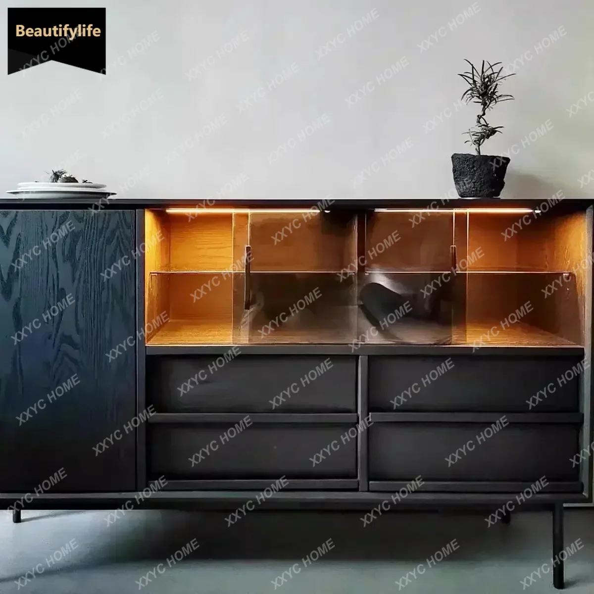 L retro solid wood dining edge, black storage, modern home living room storage, entrance cabinet