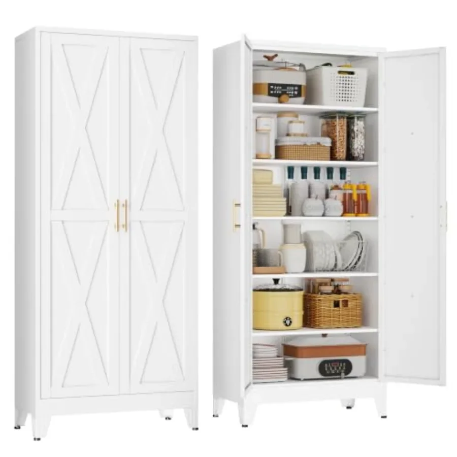 Metal Storage Cabinet, Kitchen Pantry Cabinet with 2 Door and 5 Adjustable Shelves, Pantry Cabinet, Freestanding Cupboard for D