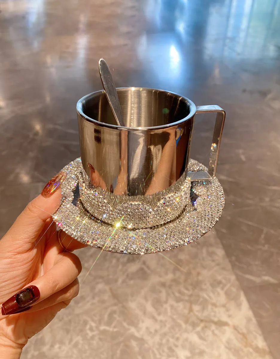 

High profile Level Coffee Cup and saucer set Artificial diamond-encrusted stainless steel insulated latte iced Americano cup