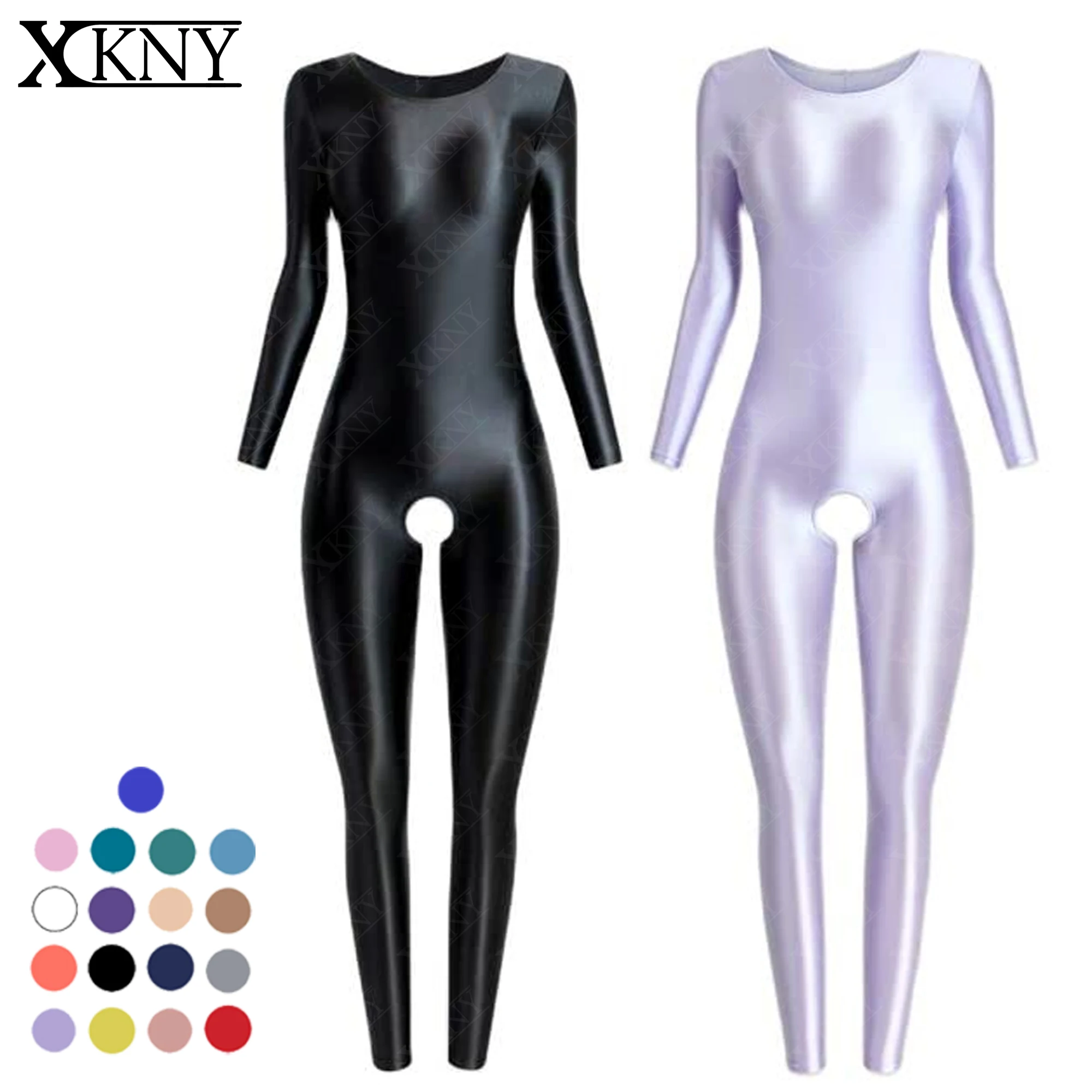 XClocKNYoung satin glossy tights mjinm oil shiny round neck Jumpsuit glossy BODYSUIT smooth casual Yoga open crotch pants