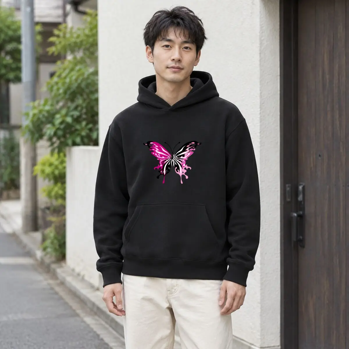 Pink Black Abstract Butterfly Graphic Autumn and winter new men's and women's hooded sweatshirts