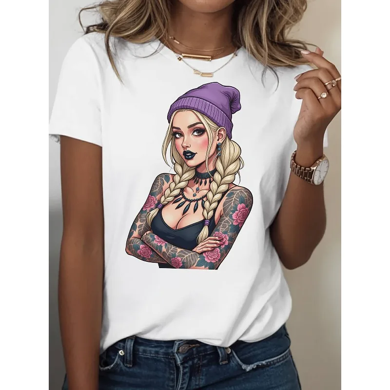 

Футболка с татуировкой блондинки и шляпой с принтом Повседневная и удобная футболка с короткими рукавами и круглым вырезом Женская модная футболка с круглым вырезом