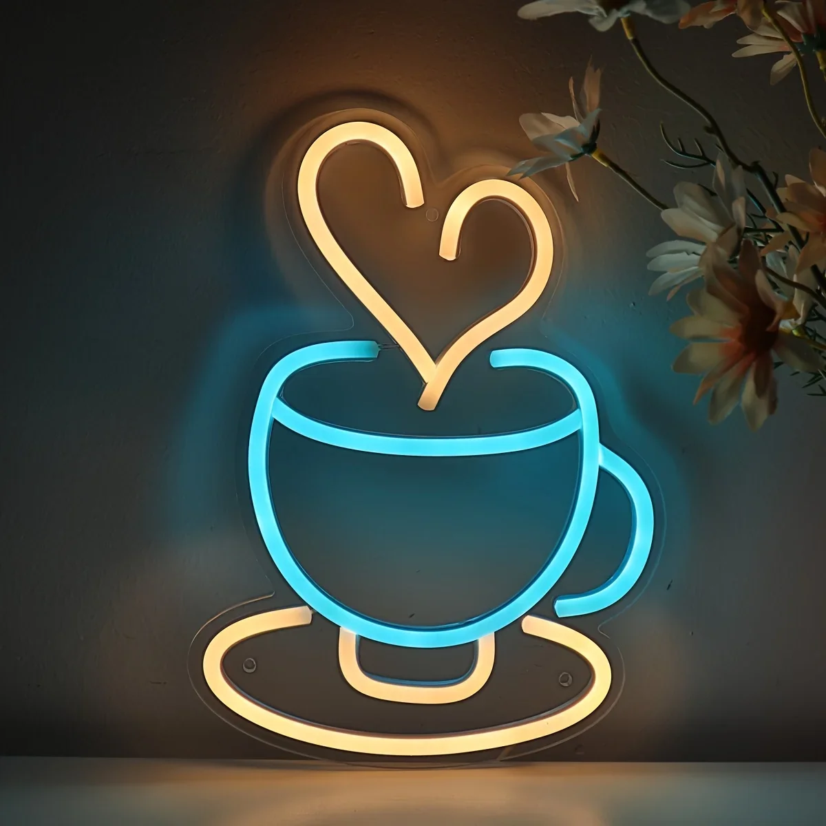 Coffee Cup Heart Neon Sign Blue Warm White LED Wall Art USB Powered Modern Decor Cafe Kitchen Home Bar Aesthetic Hanging Light