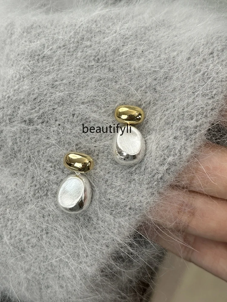 Japanese and Korean gold and silver color matching brushed stud earrings for women's high-end irregular Doudou earrings