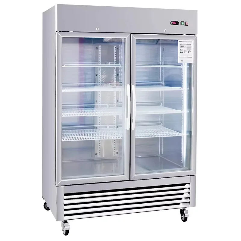 Customized 54 Inch Stainless Steel 2 Glass Door Display Freezer 42.2 Cu.ft Air Cooling Automatic Commercial Refrigeration