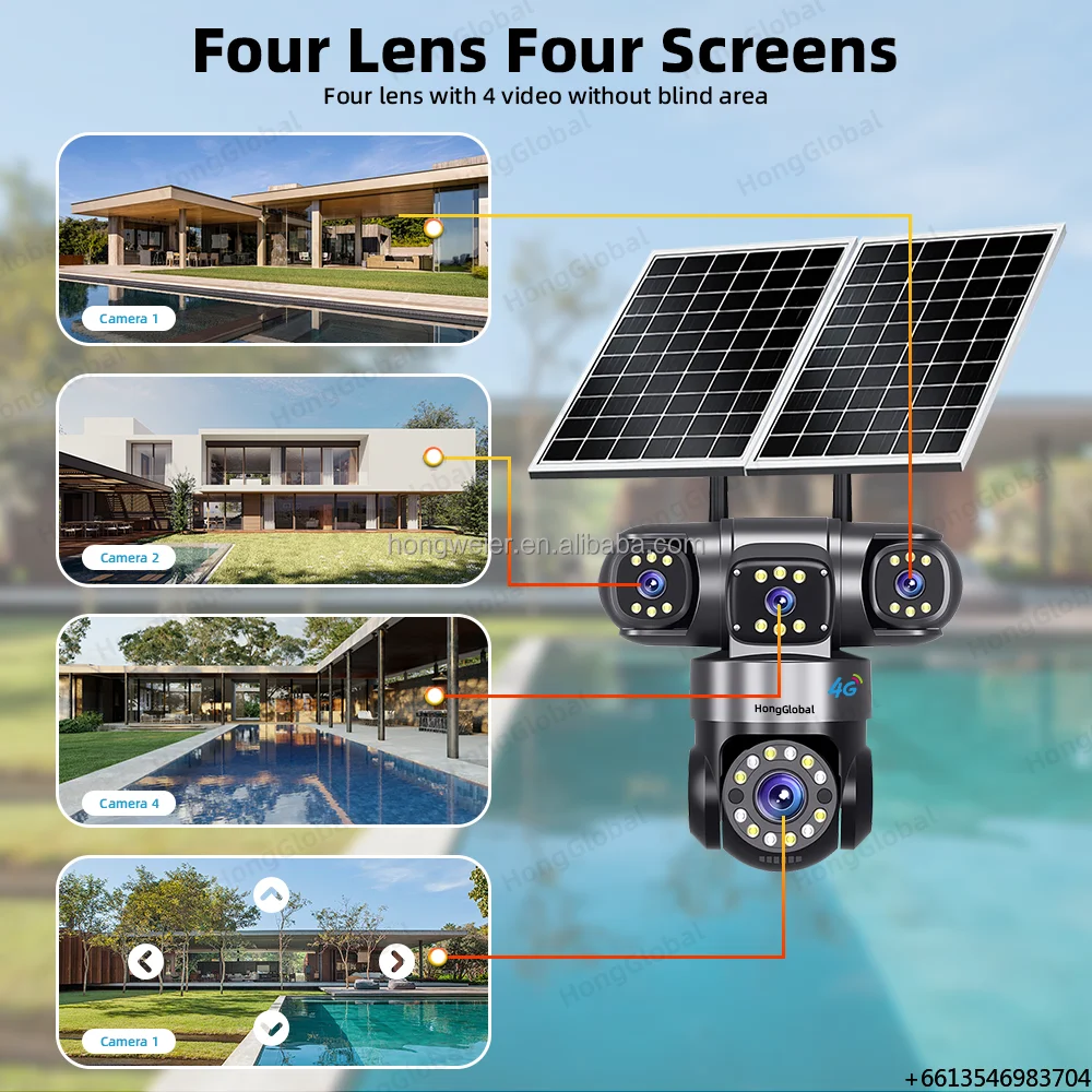 HongGlobal 15/20MP Solar Powered 4G Video PTZ IP Camera HiEasy 3 Lens 4 Lens AOV Outdoor 4G Sim Card CCTV Solar Security Camera