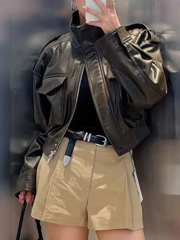 HH femmes Vintage fermetures éclair courtes vestes en cuir Pu à manches longues pardessus veste manteaux 2025 automne nouvelle dame Chic Streetwear