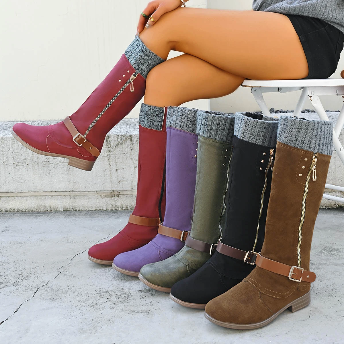 

New Fashionable Versatile Splicing Rivet One Piece Zipper Low Heel Women's Mid heeled Boots