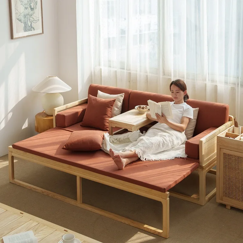 New Chinese-style hoarding sliding bed Arhat Solid wood wabi-sandy wind retractable sofa bed Classical ash wood zen