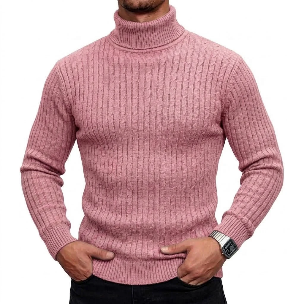 Neuer Herren-Rollkragenpullover, lässiger Zopfstrickpullover, hoher Kragen, lange Ärmel, warme Winterpullover für Männer, schmal geschnittene Oberteile. – Detail 15