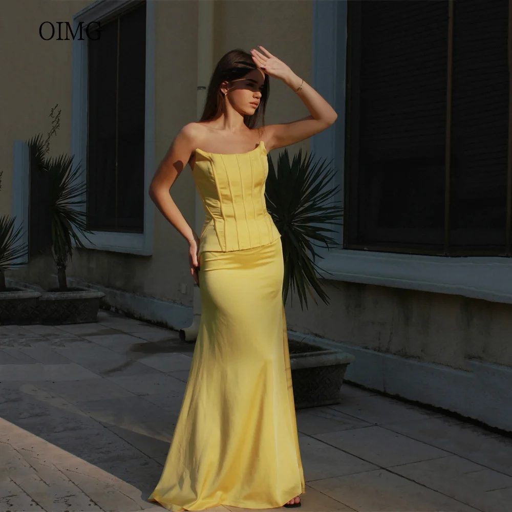 

OIMG Yellow Mermaid Prom Gowns Strapless Formal Party Gown Backless Floor Length Evening Dress vestidos de fiesta Customized