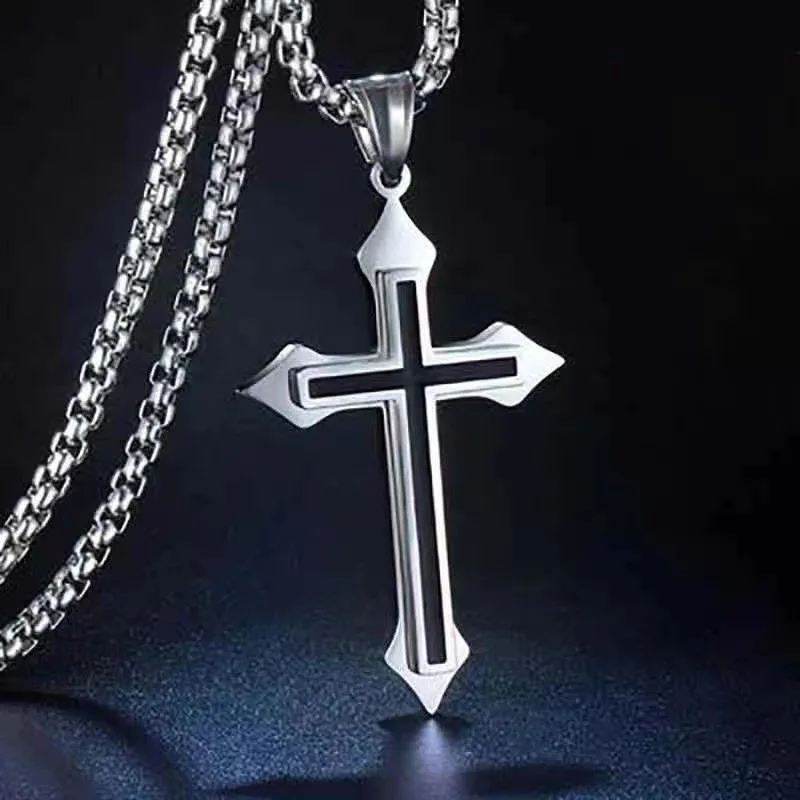 Vintage Gothic Hollow Cross Pendant Necklace Silver Color Cool Street Style For Men Women Gift Wholesale Neck Jewelry