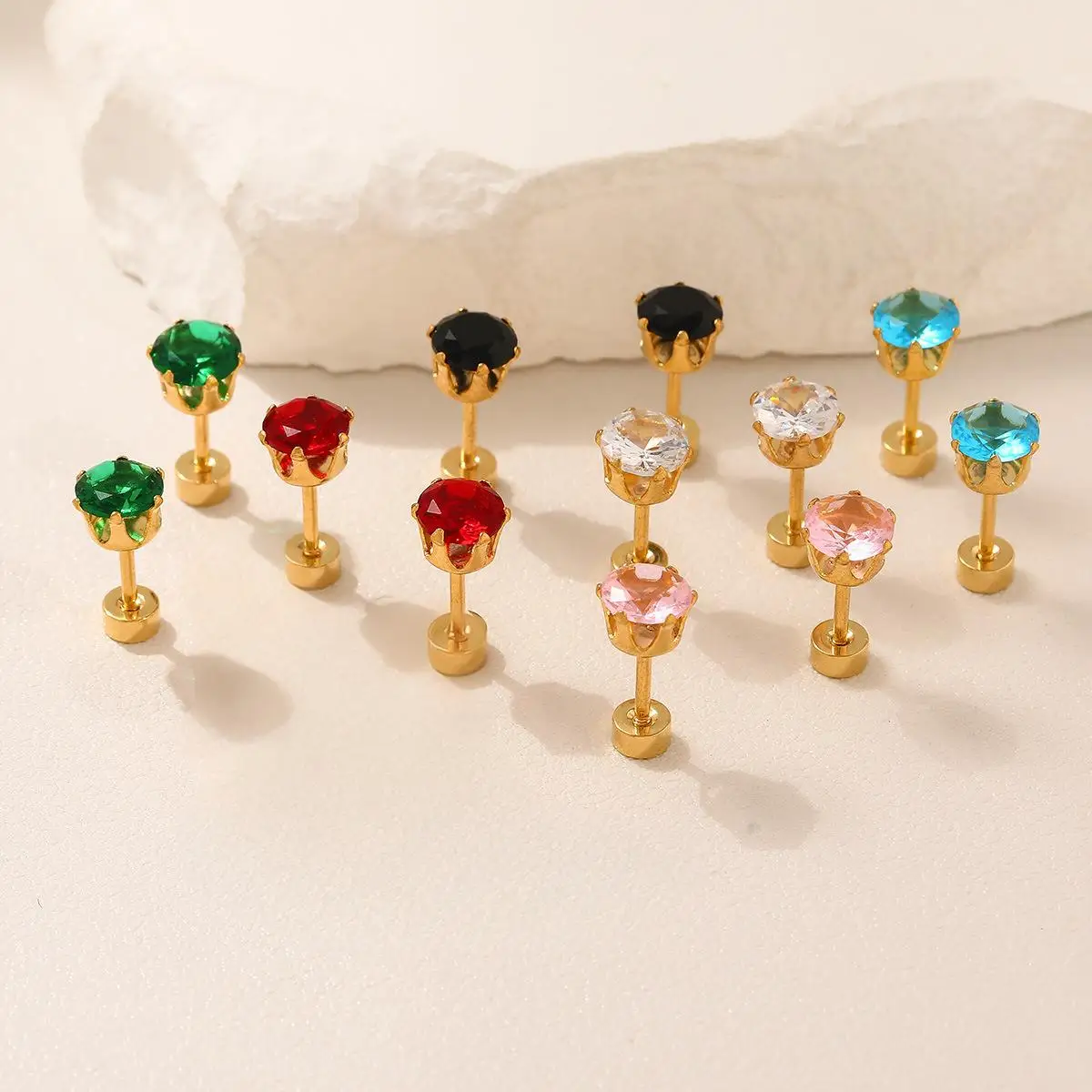 Birthstone Colorful Crystal Stud Earrings,18K Gold Plated Round Cubic Zirconia Screw Earring,Women's Tiny Stackable Ear Ornament