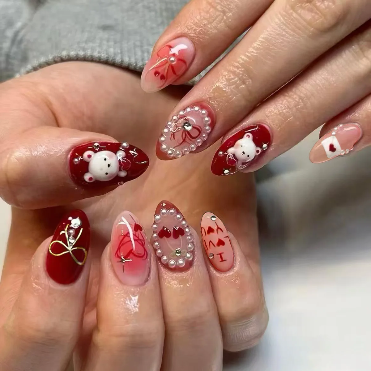 

24PCS Red Blush Bow Almond Press on Nail Cute Cartoon Rabbit Bear with Pearl French Fake Nails for Women Valentine's Cherry Nail