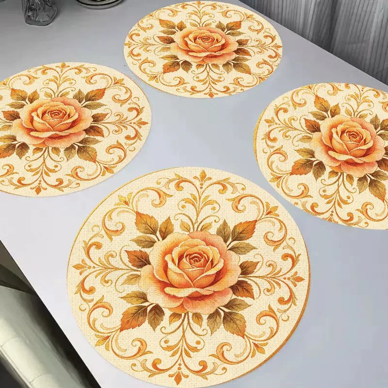VIKAMA American Retro Mandala Wrapped Flowers Round Linen Placemats, Heat Resistant Table Mat for Dining Table Home Decor