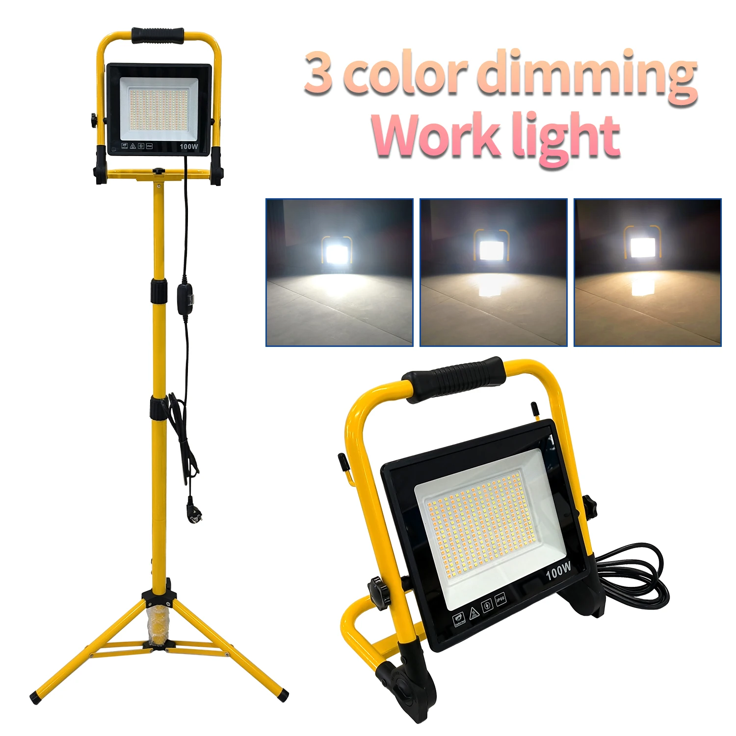 أضواء العمل مع حامل، ضوء العمل LED عالي السطوع، مصباح مقاوم للماء مع مفتاح فردي، حامل ثلاثي معدني قابل للتعديل