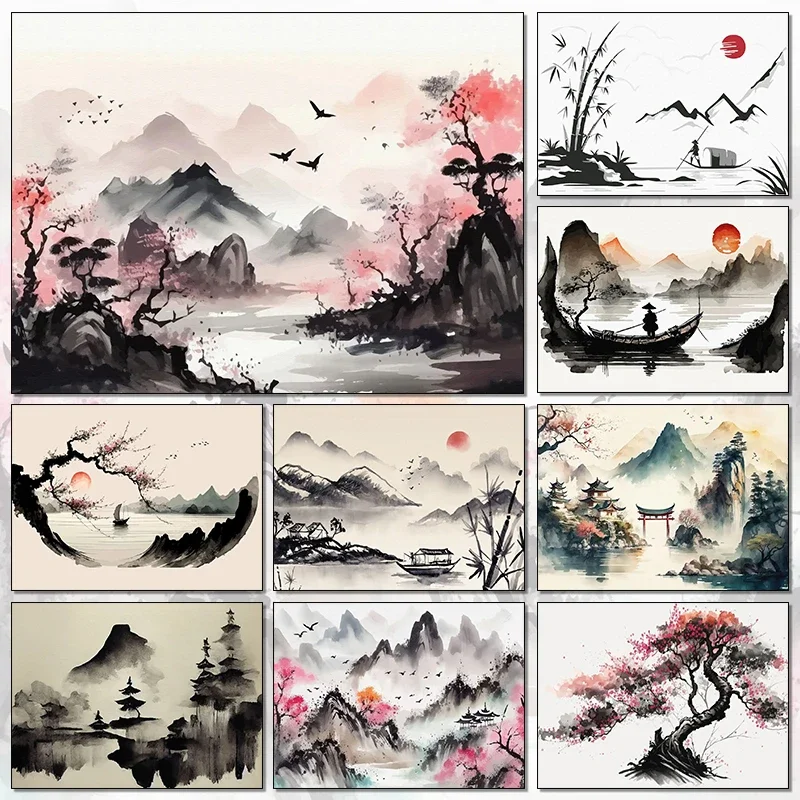 Paisaje chino, pájaros, bosque, montaña, río, carpa Koi, tinta de pez, póster artístico, pintura en lienzo, impresiones, imagen artística de pared, decoración del hogar ﻿