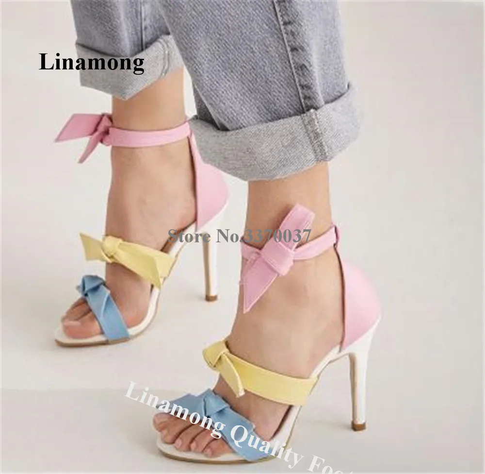 

Linamong, милые красочные босоножки на шпильке с бантиками и открытым носком, розовые, белые, черные ремешки, тонкий каблук, вечерние каблуки, большой размер, каблуки