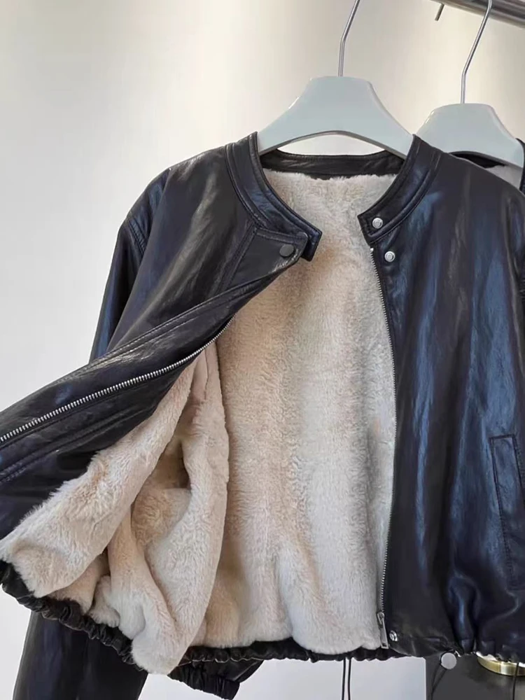 Vintage quente jaqueta de couro falso para mulher 2026 outono inverno o pescoço manga longa casaco do plutônio oversize luxo outwear ineo 5o131