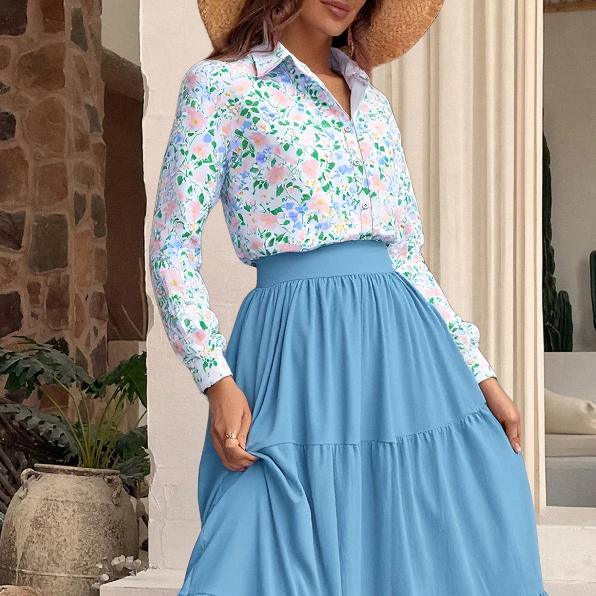 

Mia Muse Women's Autumn Shirts Fashion Decent Single Breasted Floral Full Print Long Sleeve Shirt Collar Casual Shirts