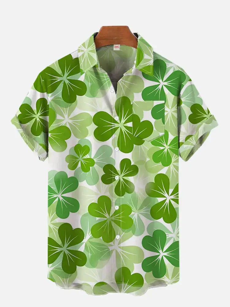 Summer Casual Independent Station Hot Selling Printed Light Green Spliced Clover Short-sleeved Shirt for Vacation At The Seaside