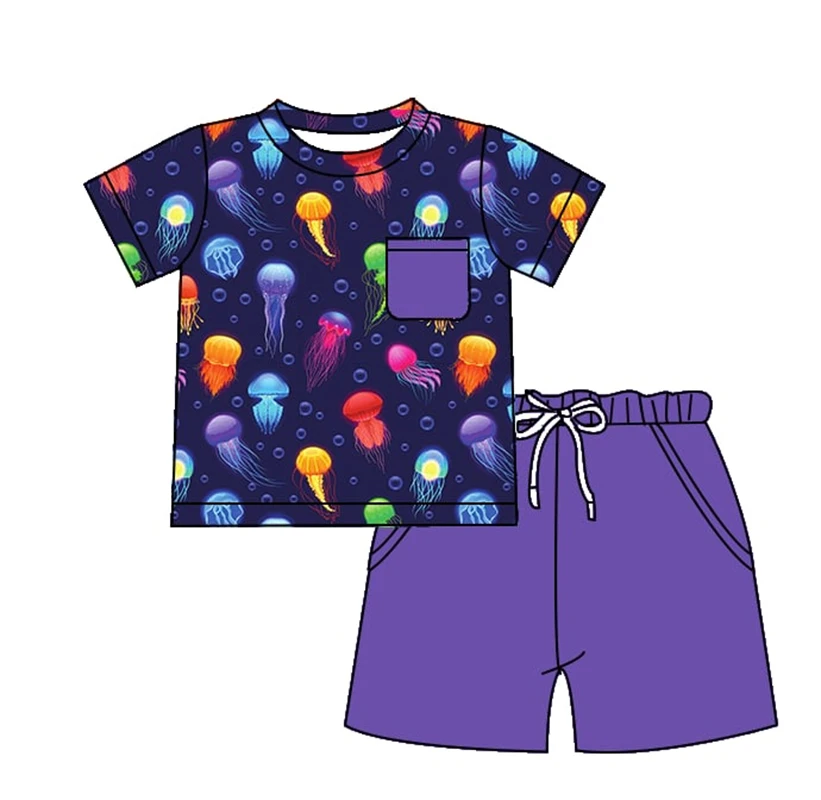 Wholesale Children's Clothing Jellyfish Pattern Short Sleeve Shorts Set Baby Boy Clothes Infant Girl Sets Summer Kids Clothes