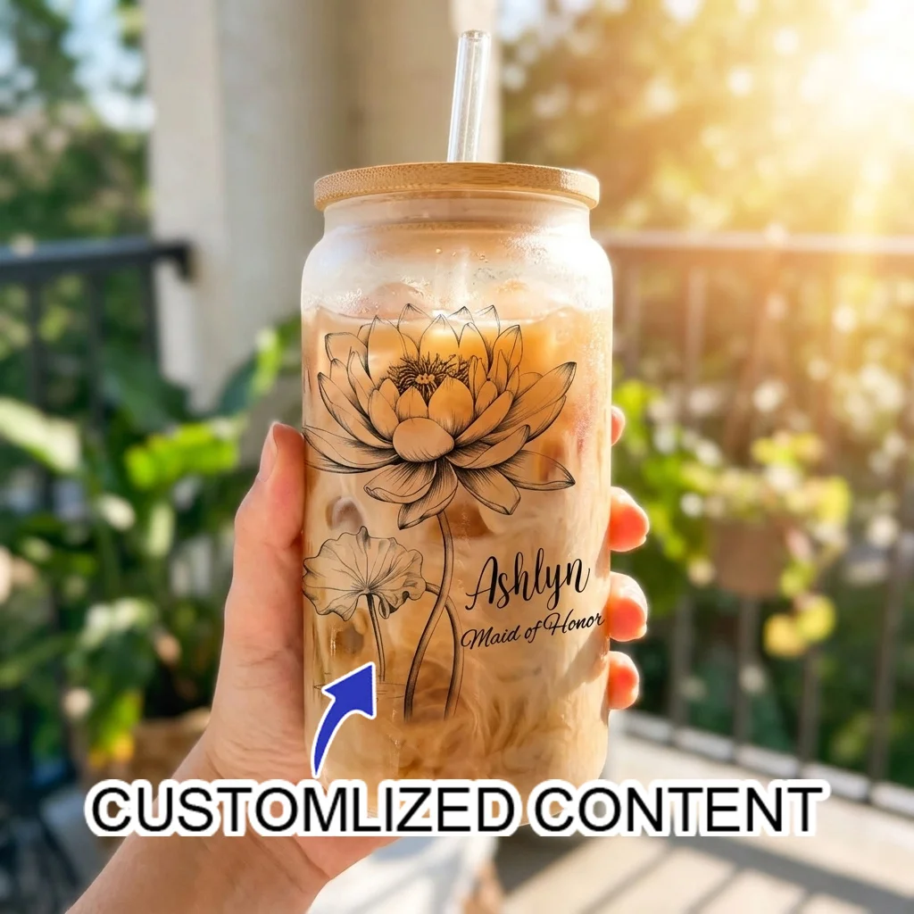 Custom Name Lotus Flower Glass Tumbler Personalized Iced Coffee Cup with Straw, Elegant Birthday Gift for Her Women Friends.