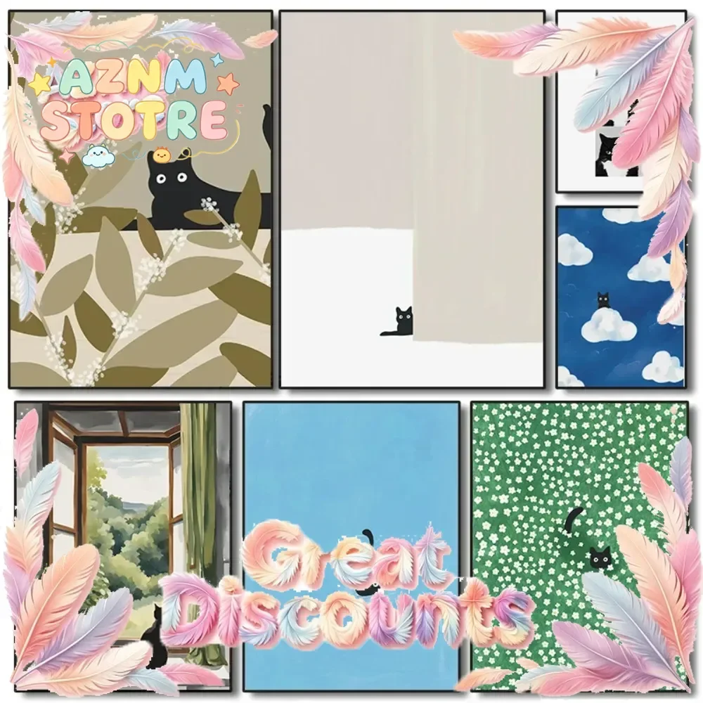 Abstract Black Cat Drawing Poster Cute Cats Pop Illustration Prints Canvas Painting Aesthetic Wall Art Pictures Home Room Dec