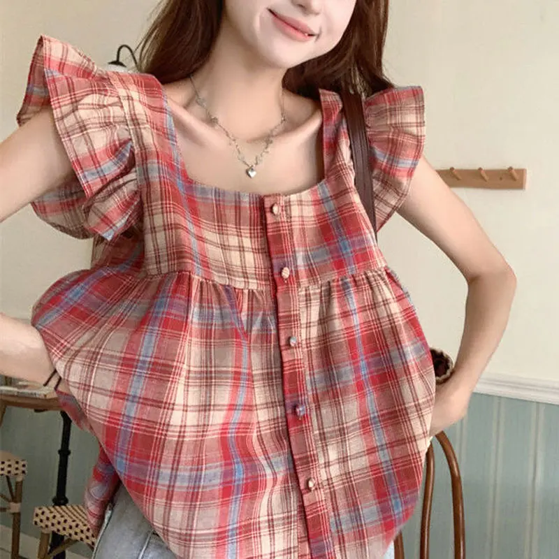 Stylish Flying Sleeve Plaid Blouse Summer Casual Spliced Female Clothing Loose Elegant Square Collar Basic Single-breasted Shirt