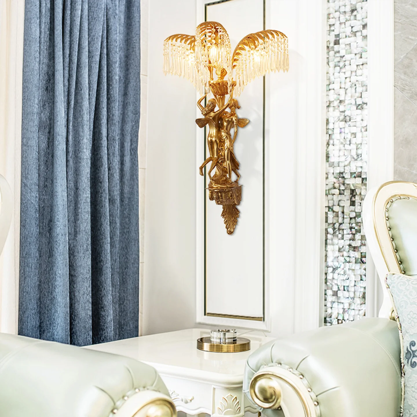 French Empire Classic Angel Art Brass Living Room Dining Room Wall Lamp Hotel Church Wedding Decor Crystal Wall Light