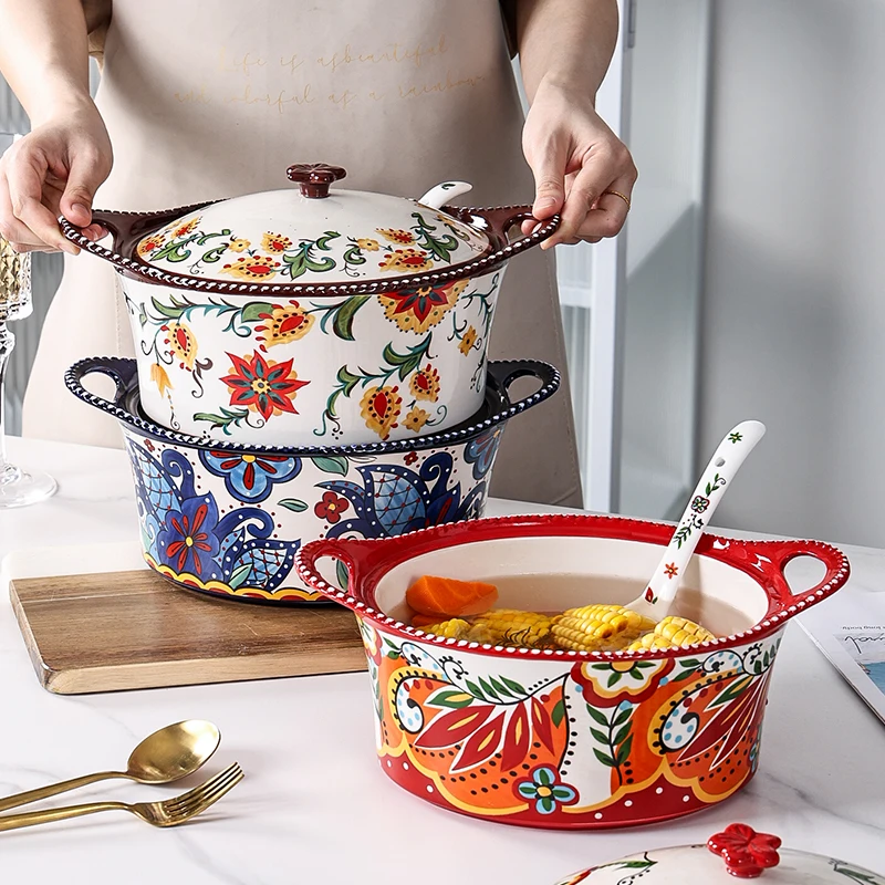 

Очень большая керамическая супница с двумя ручками и крышкой, особо крупная фарфоровая миска для домашнего использования, элегантный дизайн, новинка 2025 года