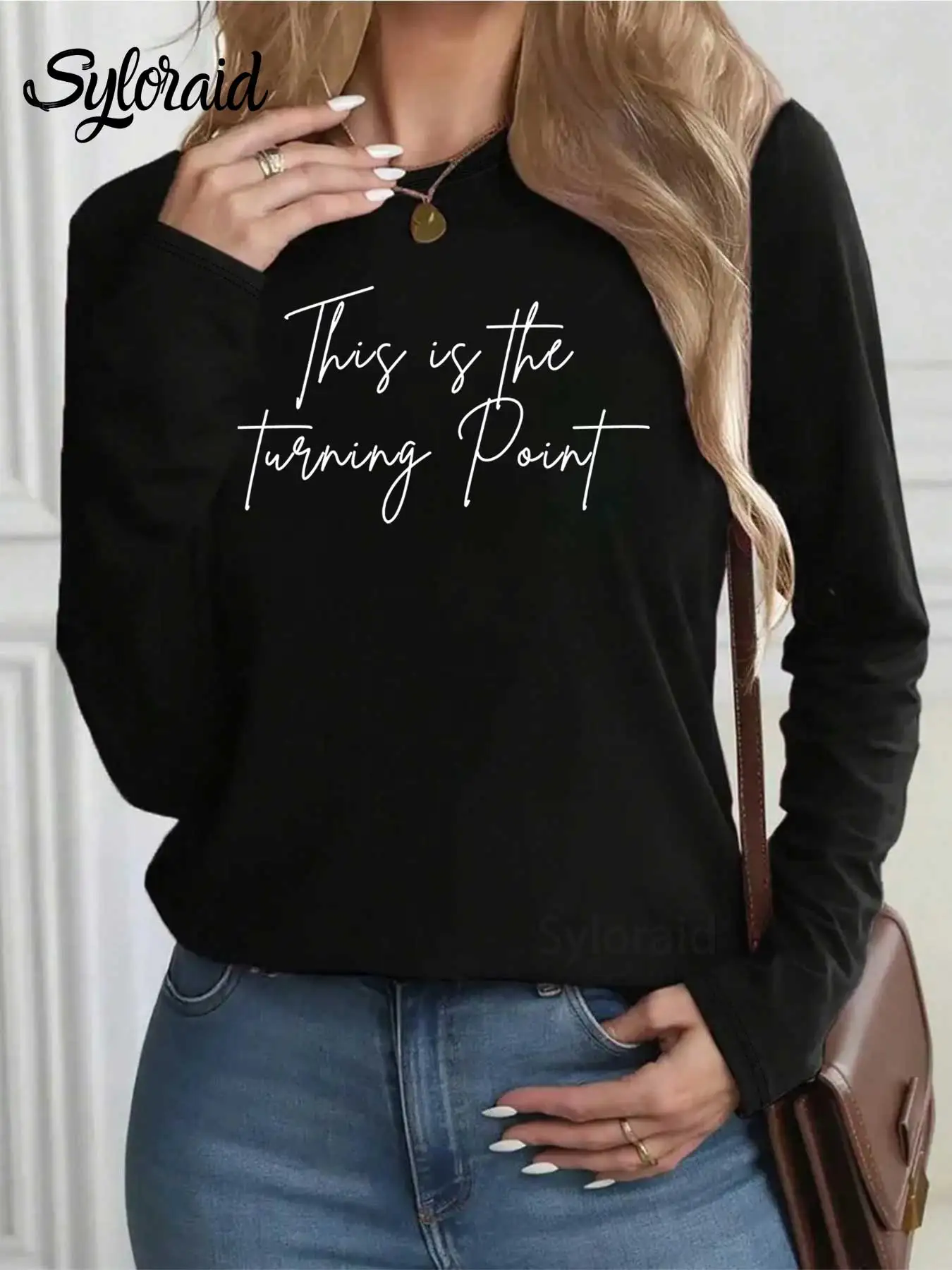 تي شيرت نسائي طويل الأكمام هذا هو نقطة الدوران تي شيرت الحرية المحافظة قميص عصري برقبة دائرية كاجوال #2