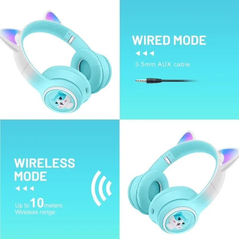 For New AKZ-02 Wireless Bluetooth Cute Cat Ear Gradient Color Headphones HD Mic RGB Lighting Support TF Card Children's Headset