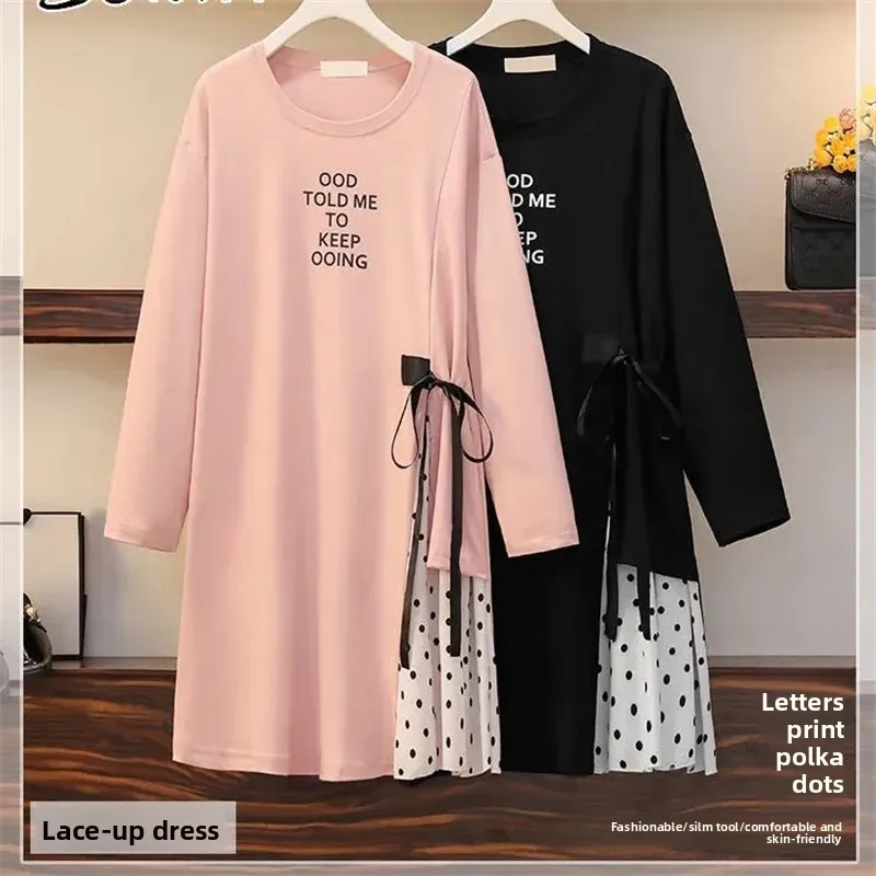 

Large Size Women's Dress 2025 Spring Summer New Stitching Long-Sleeved Bottoming Shirt Fashion Coat Fat MM Vestidos Female Tops