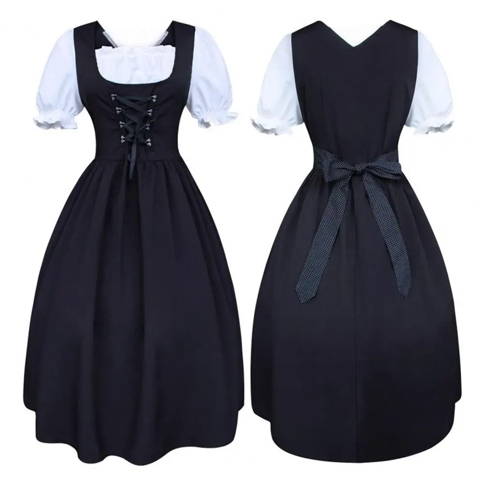 

Vintage Beer Festival Maid Dress Oktoberfest Wiesn Dirndl Puff Sleeve Sheer Trim Lace-up Bowknot Color Block Women Dress