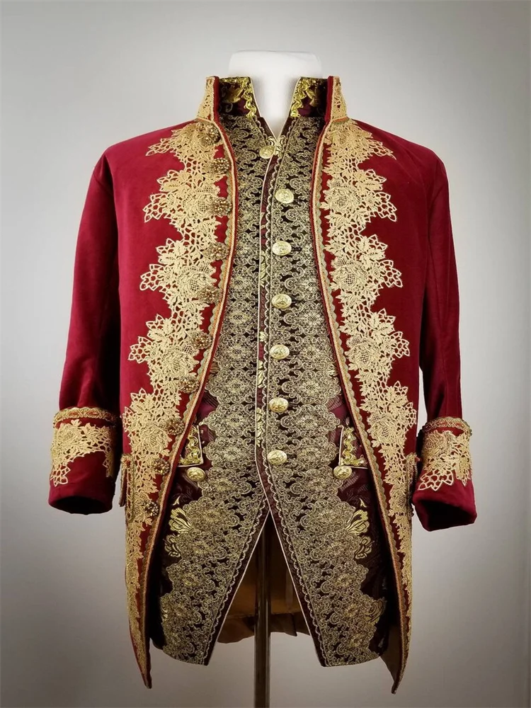 

18th Century British Men Red Victorian Rococo Baroque Military Jacket Regency Royal Court Aristocrat Luxurious Ball Gown