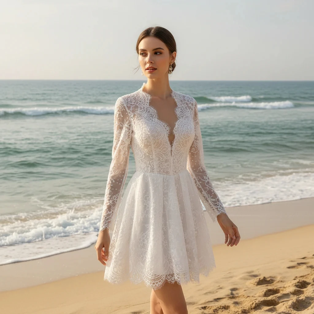 Rosymae Women's Elegant White Lace Long-Sleeve Mini Dress V-Neck Wedding Dress for Bridal Events And Formal Occasions