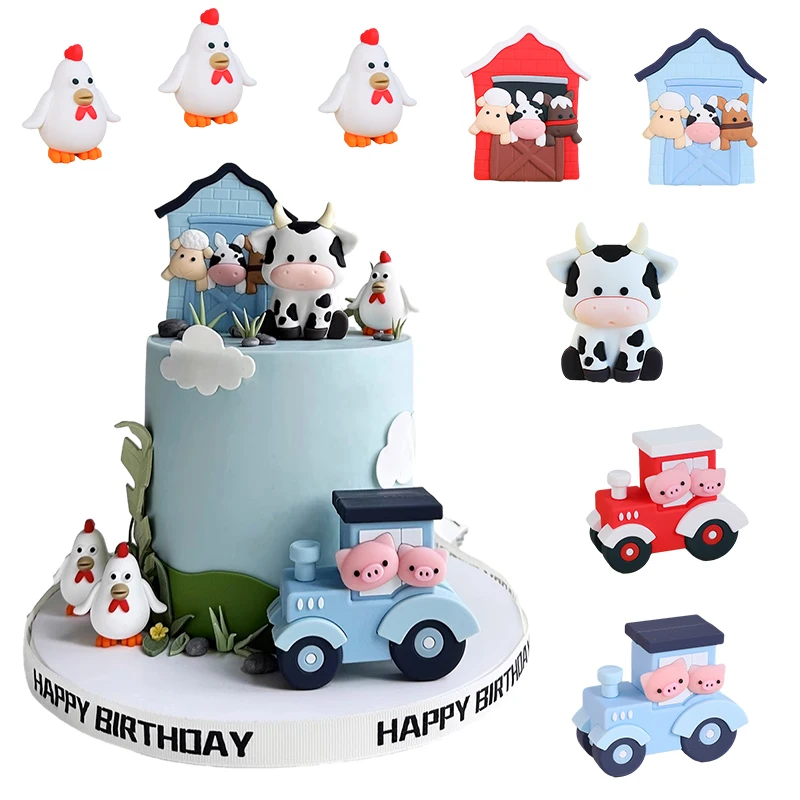 Adorno para tarta de granja azul, vaca de granja, tractores, polluelos, vacas, ovejas, cobertizos de caballos para niño rústico, decoraciones para tarta de feliz cumpleaños de un año
