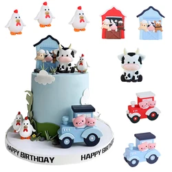 Blue Farm Cake Topper Farm Cow, Tractors, Chicks, Cows Sheep Horse Sheds for Rustic Boy One Year Happy Birthday Cake Decorations