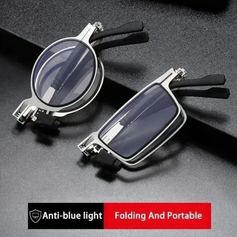 

Unisex Folding Reading Glasses Transparent Lenses Full Metal Frame Anti Blue Light Comes with Case for Men and Women